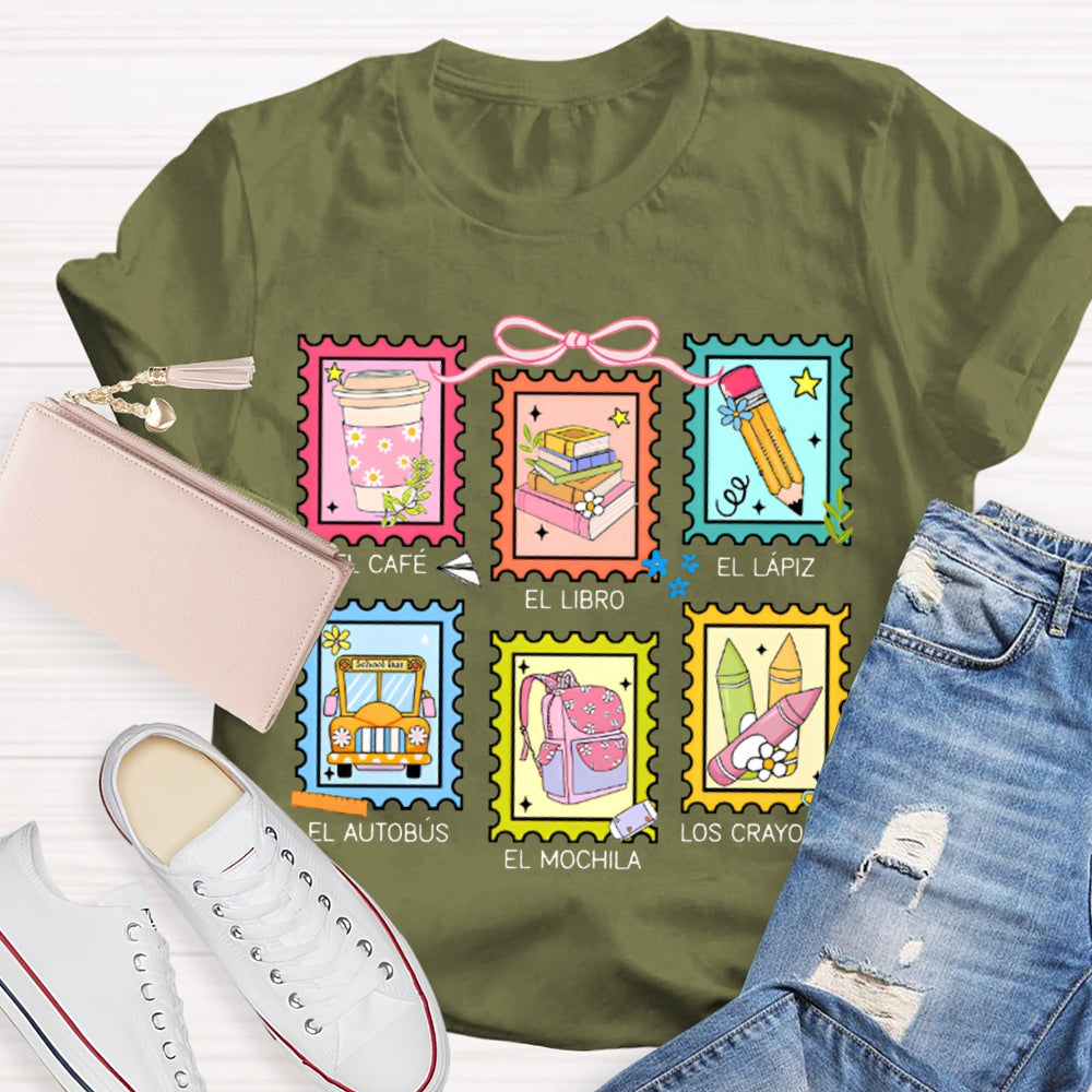 El Cafe El Libro El Lapiz El Autobus El Mochila Los Crayones Bilingual Teacher T-shirt