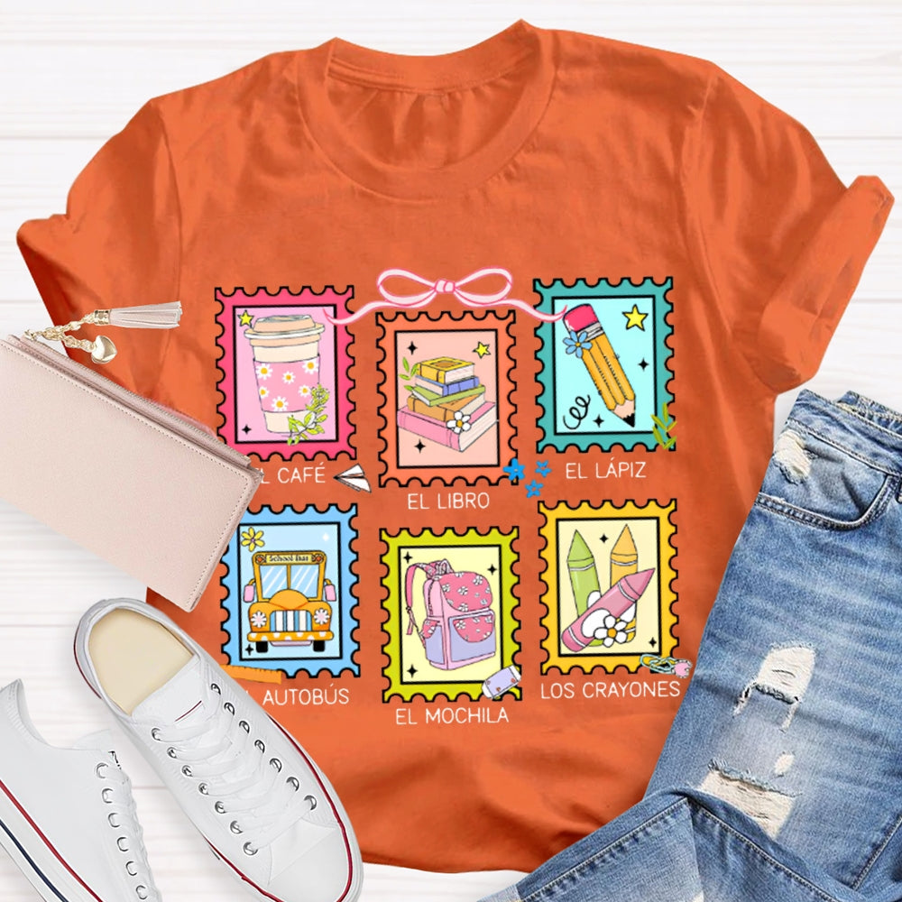 El Cafe El Libro El Lapiz El Autobus El Mochila Los Crayones Bilingual Teacher T-shirt