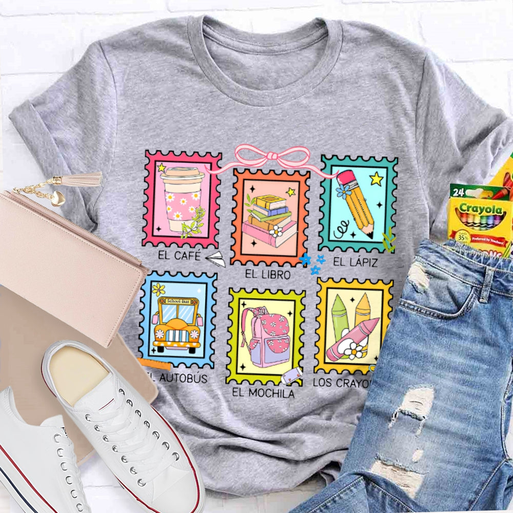 El Cafe El Libro El Lapiz El Autobus El Mochila Los Crayones Bilingual Teacher T-shirt