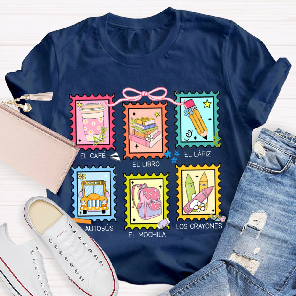 El Cafe El Libro El Lapiz El Autobus El Mochila Los Crayones Bilingual Teacher T-shirt