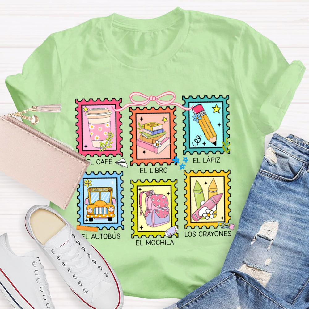 El Cafe El Libro El Lapiz El Autobus El Mochila Los Crayones Bilingual Teacher T-shirt