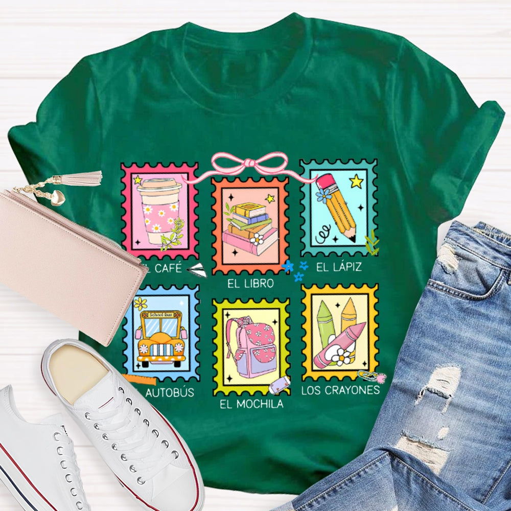 El Cafe El Libro El Lapiz El Autobus El Mochila Los Crayones Bilingual Teacher T-shirt
