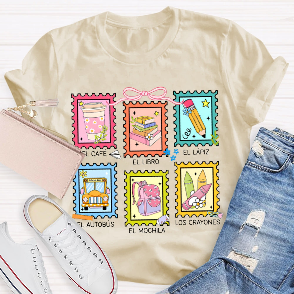 El Cafe El Libro El Lapiz El Autobus El Mochila Los Crayones Bilingual Teacher T-shirt
