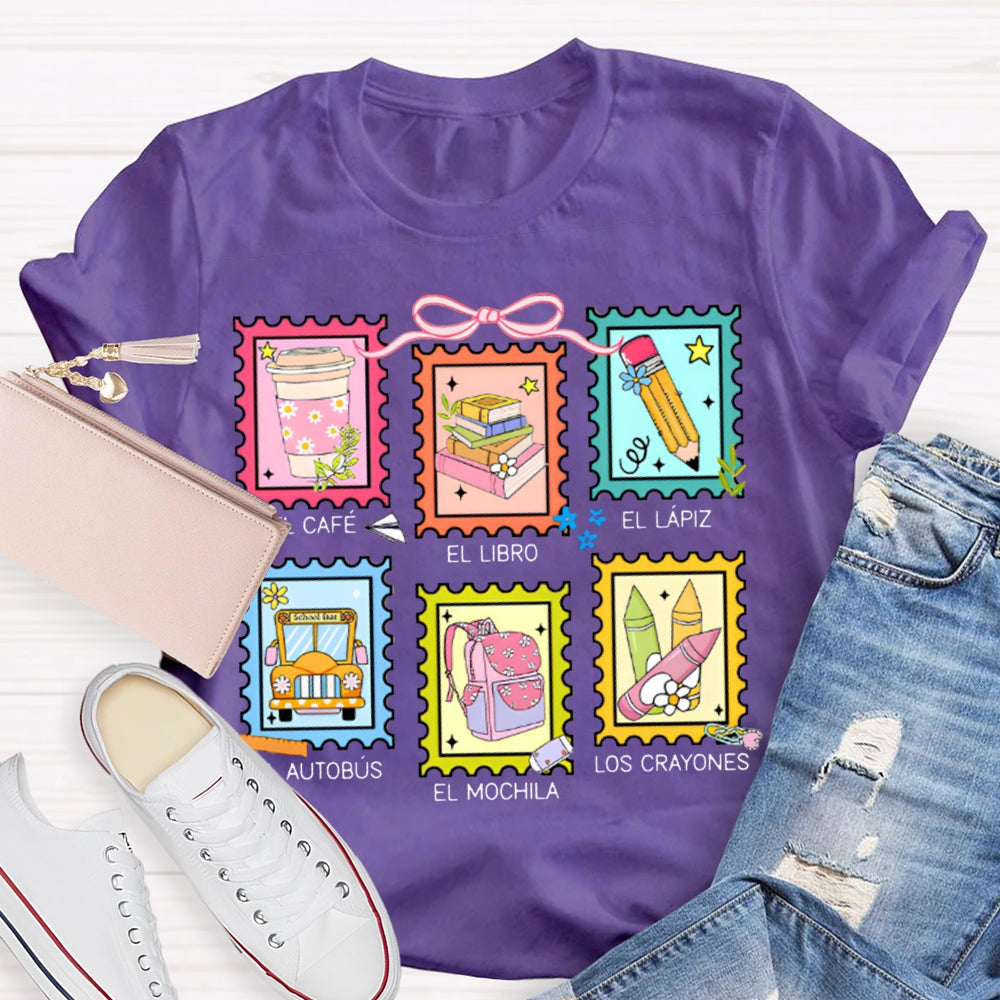 El Cafe El Libro El Lapiz El Autobus El Mochila Los Crayones Bilingual Teacher T-shirt