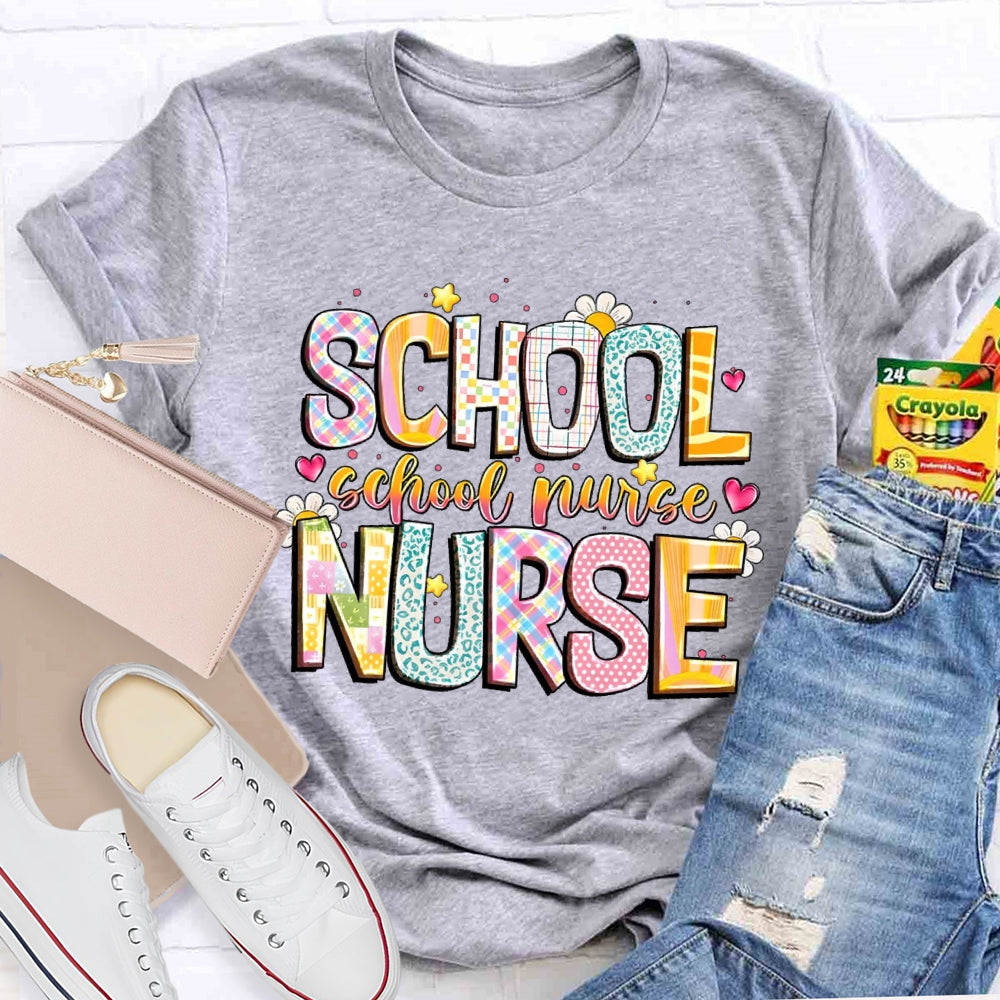 School Nurse Cute Flower Letters T-shirt