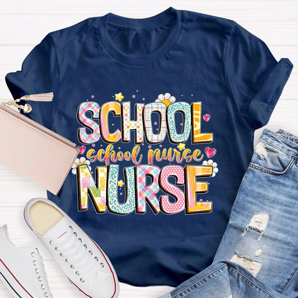 School Nurse Cute Flower Letters T-shirt