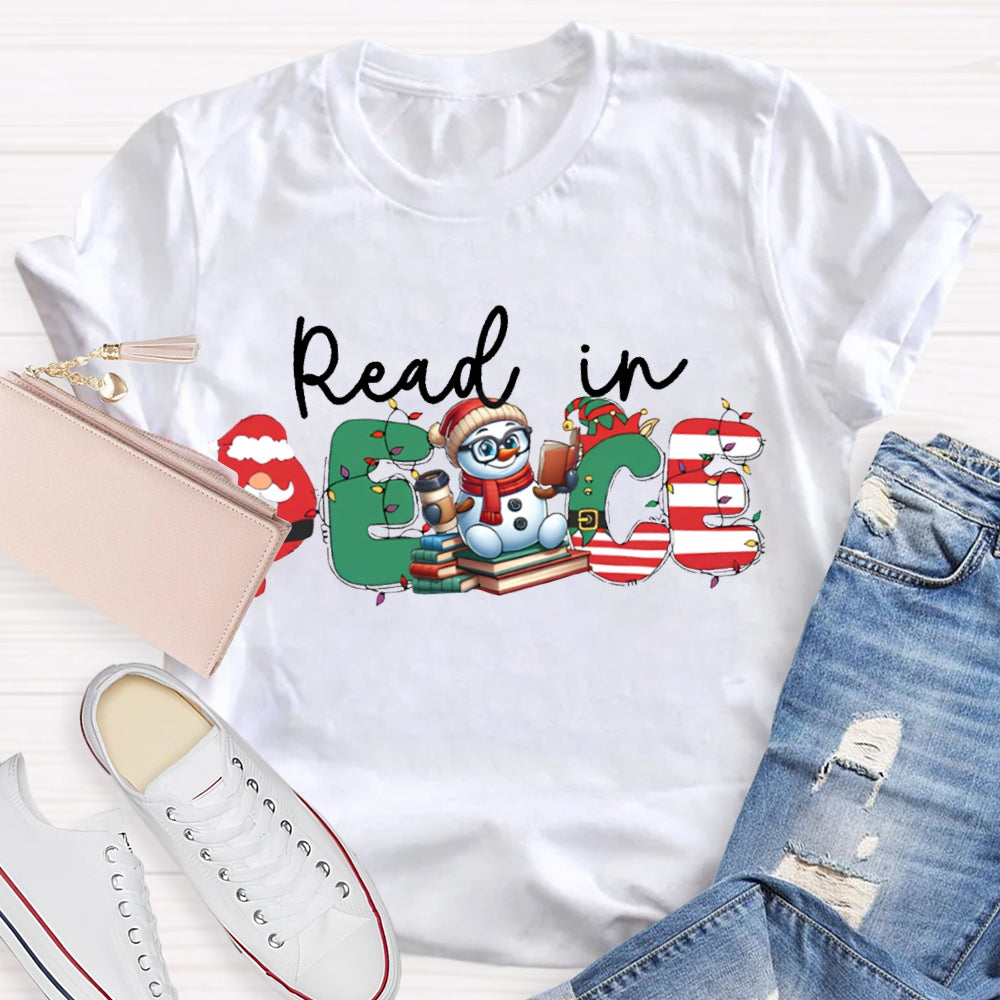 Read In Peace Christmas Lights And Snowman T-shirt