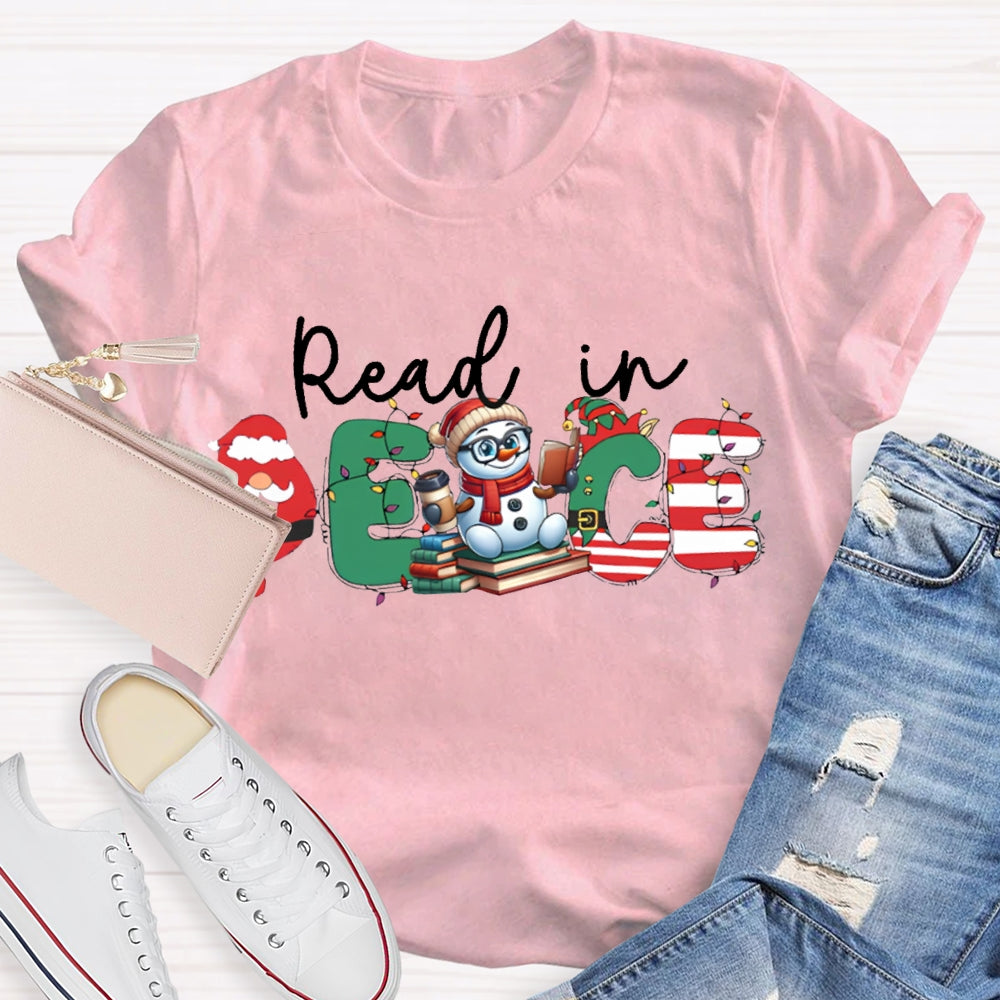 Read In Peace Christmas Lights And Snowman T-shirt
