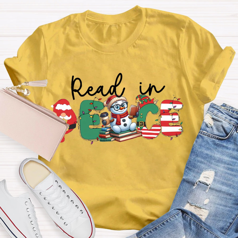 Read In Peace Christmas Lights And Snowman T-shirt