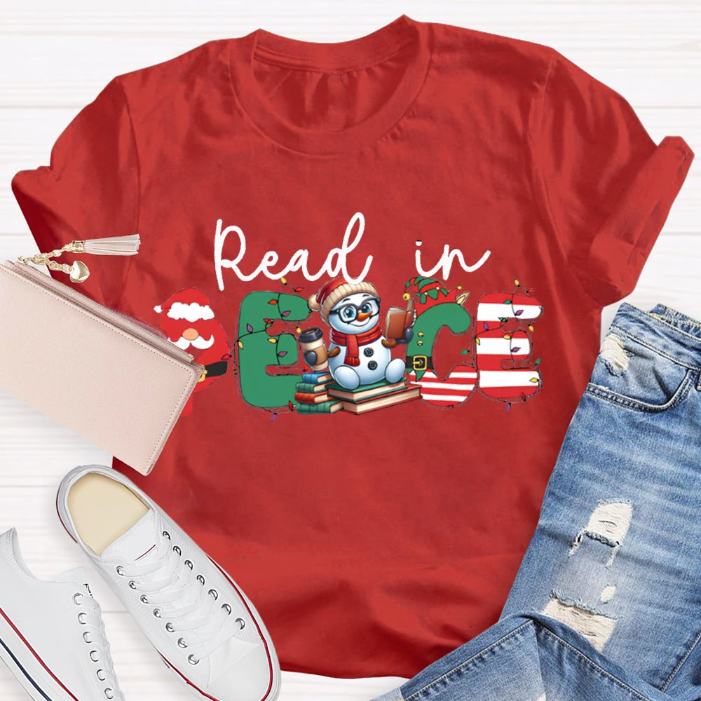 Read In Peace Christmas Lights And Snowman T-shirt
