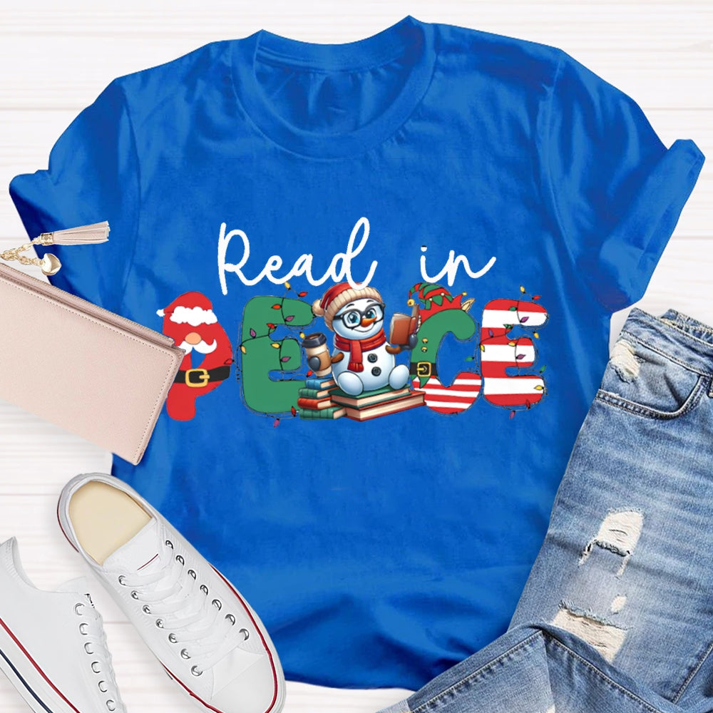Read In Peace Christmas Lights And Snowman T-shirt