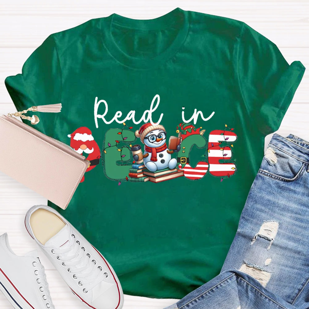Read In Peace Christmas Lights And Snowman T-shirt