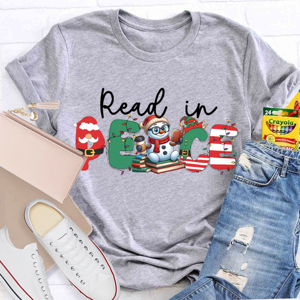 Read In Peace Christmas Lights And Snowman T-shirt