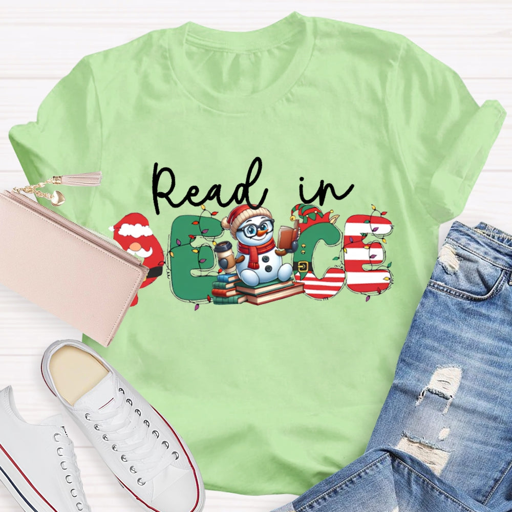 Read In Peace Christmas Lights And Snowman T-shirt