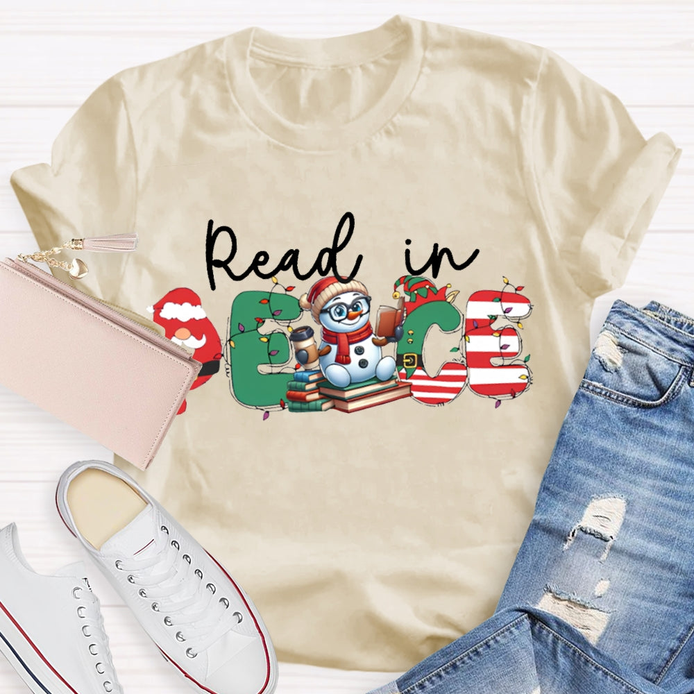 Read In Peace Christmas Lights And Snowman T-shirt