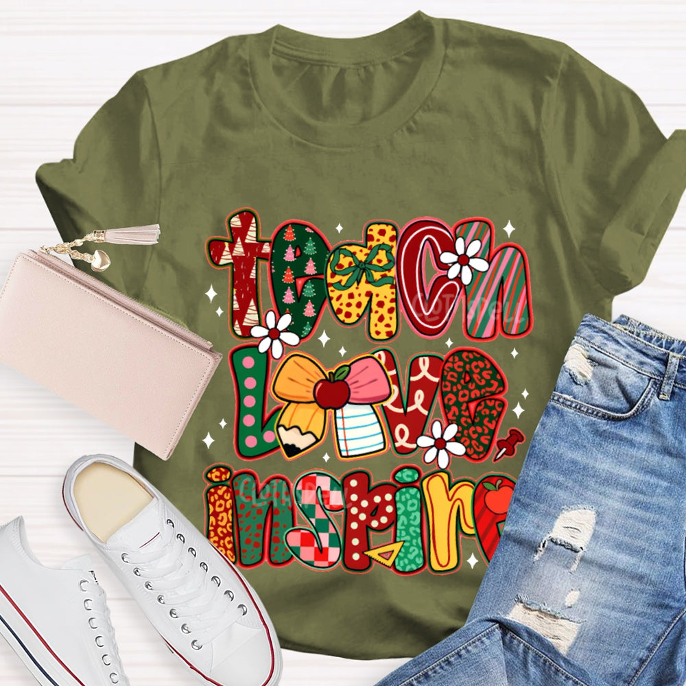 Teach Love Inspire Bow And Christmas Font T-shirt