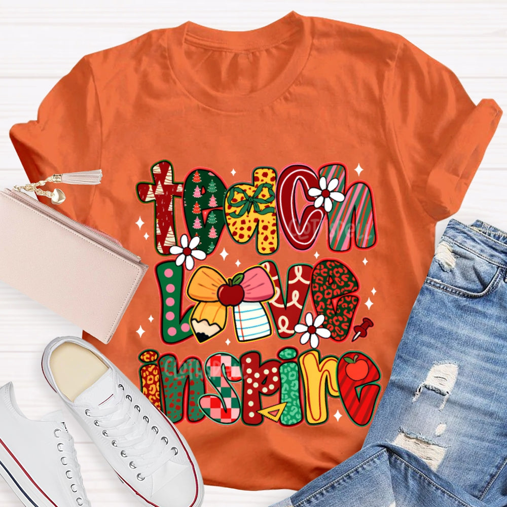 Teach Love Inspire Bow And Christmas Font T-shirt