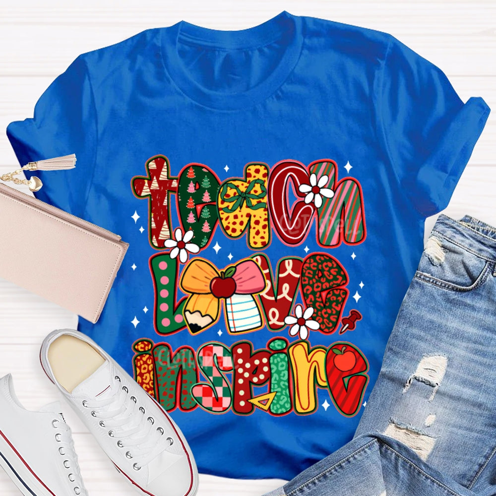 Teach Love Inspire Bow And Christmas Font T-shirt