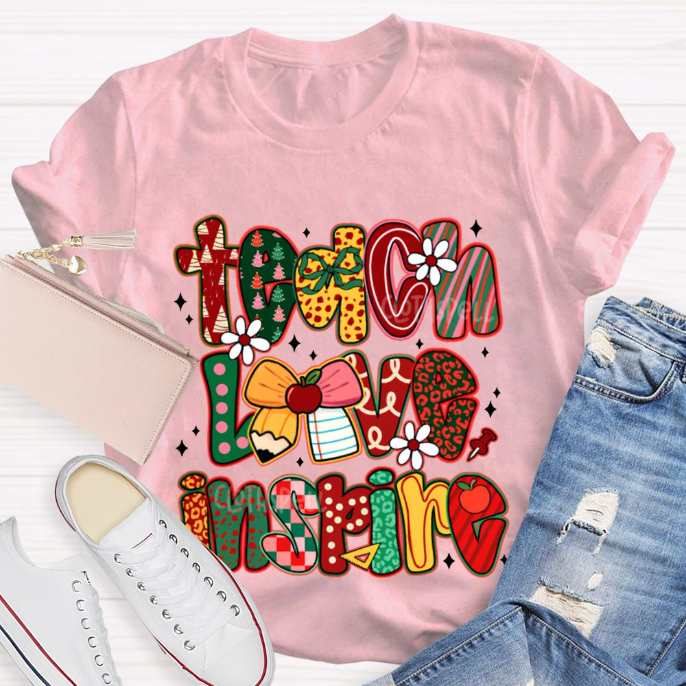 Teach Love Inspire Bow And Christmas Font T-shirt