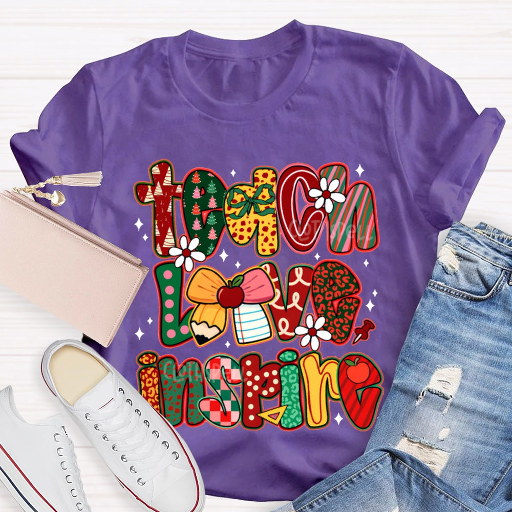 Teach Love Inspire Bow And Christmas Font T-shirt