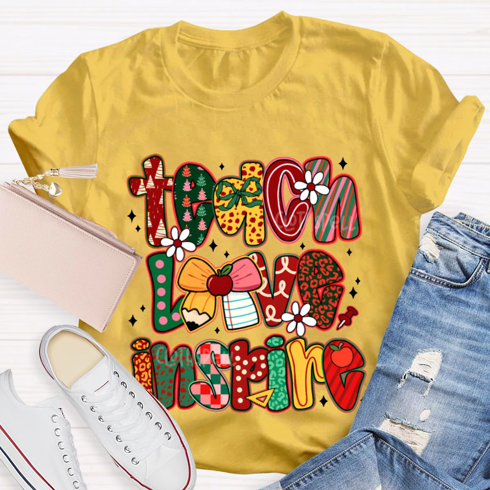 Teach Love Inspire Bow And Christmas Font T-shirt