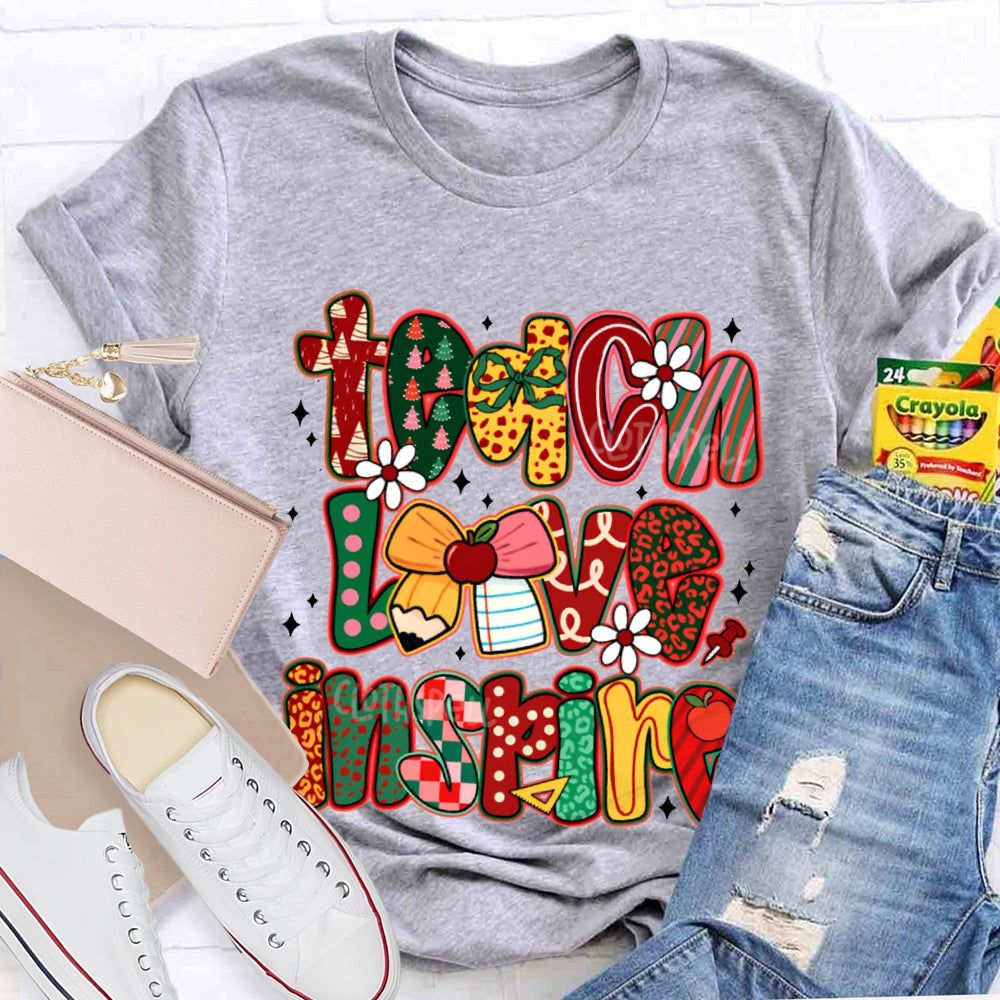 Teach Love Inspire Bow And Christmas Font T-shirt
