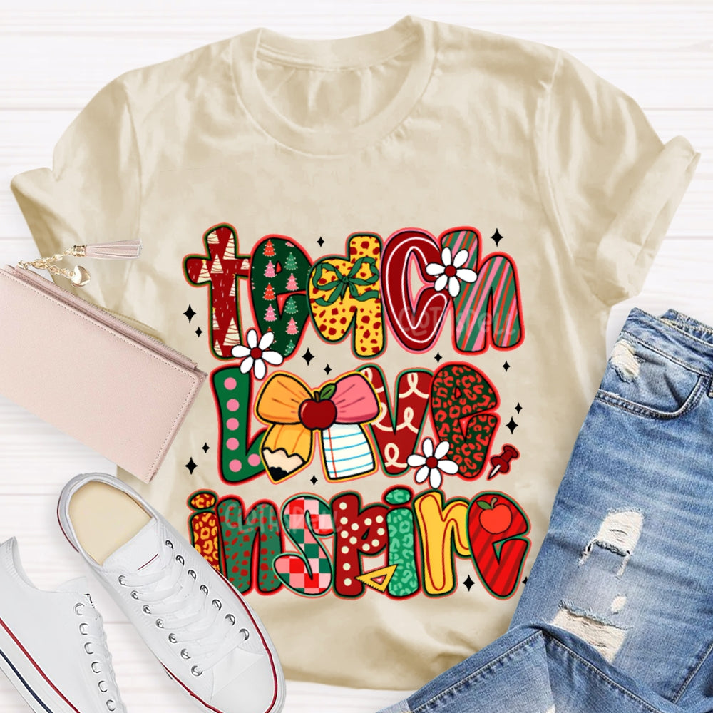 Teach Love Inspire Bow And Christmas Font T-shirt