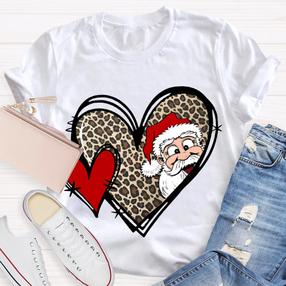 Santa Claus And Leopard Print Heart Christmas T-shirt