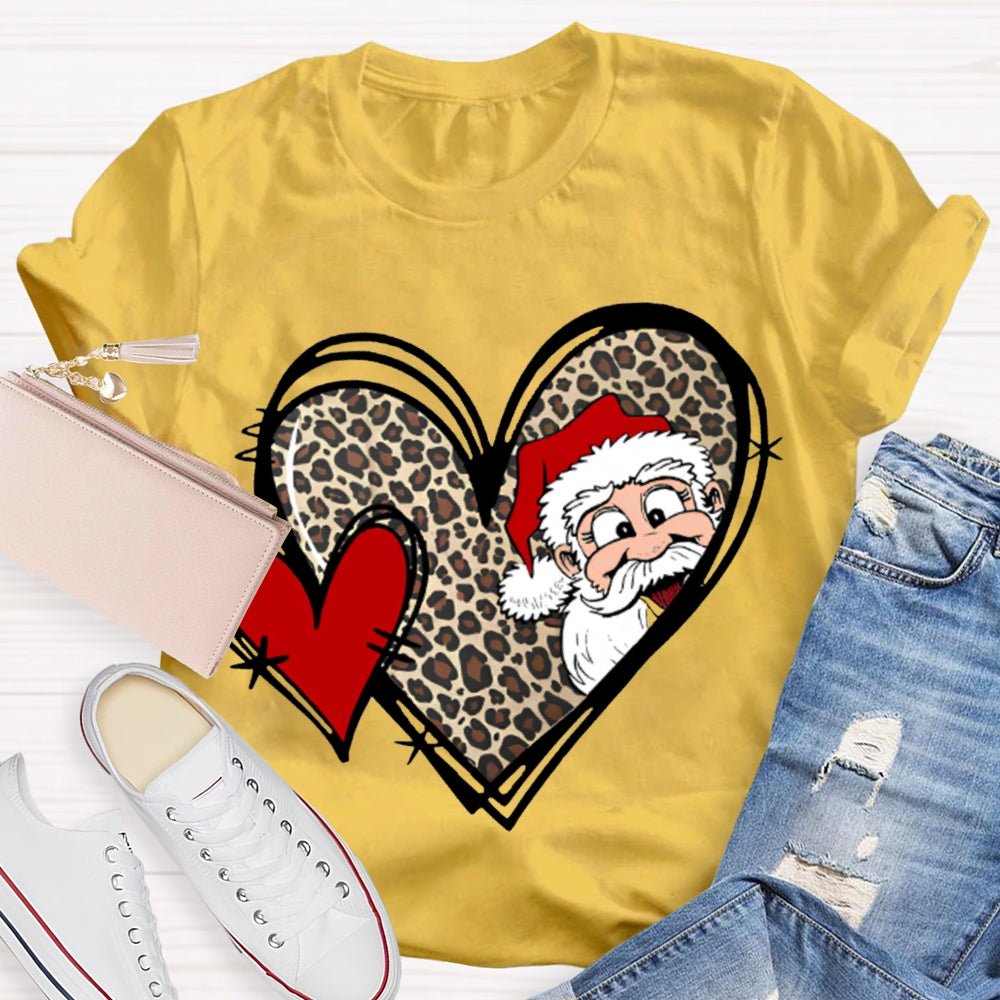 Santa Claus And Leopard Print Heart Christmas T-shirt