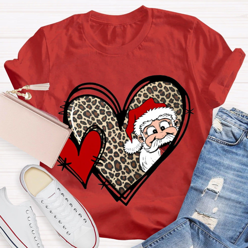 Santa Claus And Leopard Print Heart Christmas T-shirt