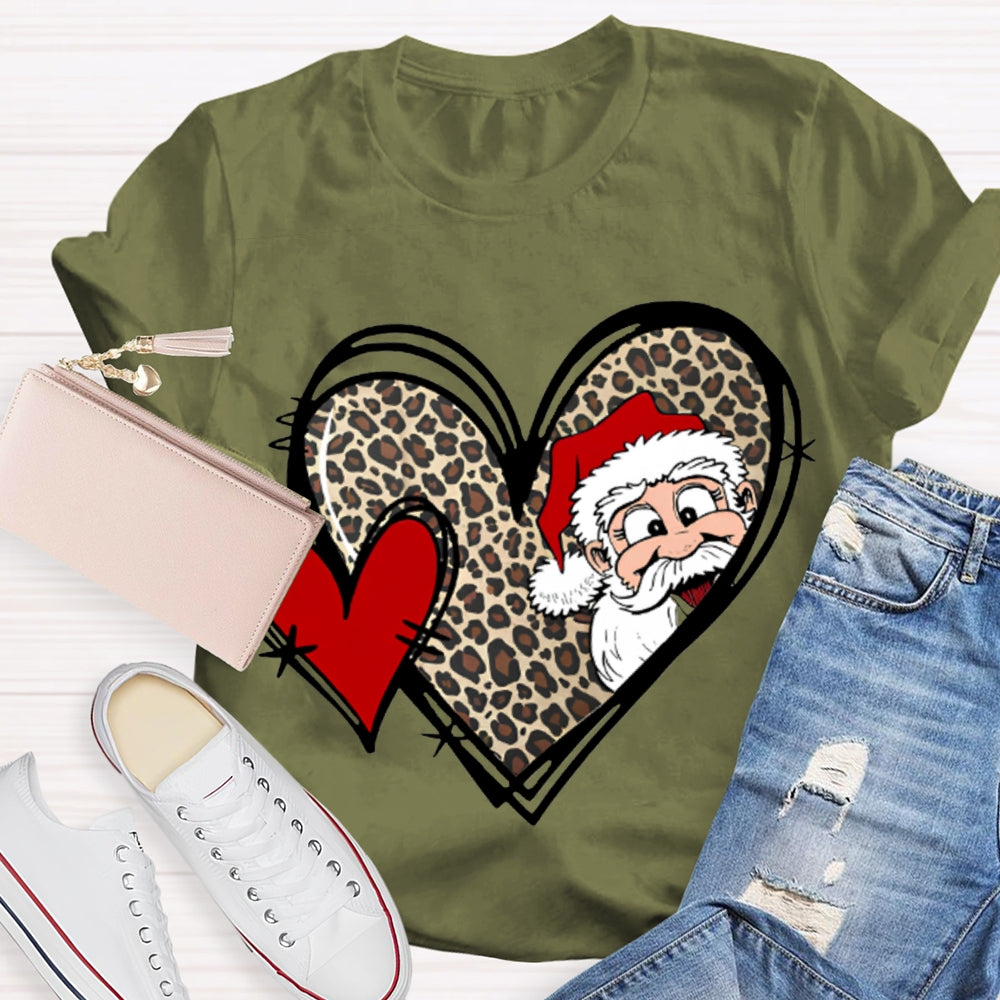 Santa Claus And Leopard Print Heart Christmas T-shirt