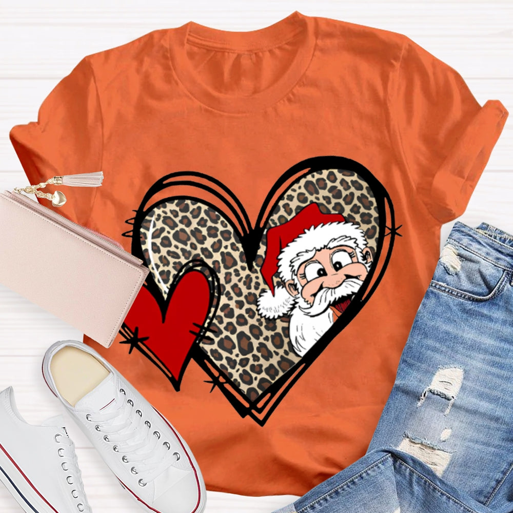 Santa Claus And Leopard Print Heart Christmas T-shirt