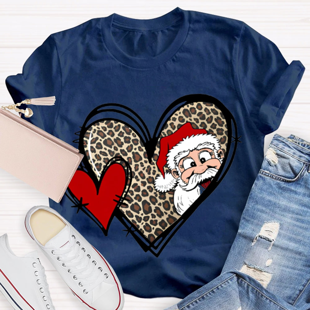 Santa Claus And Leopard Print Heart Christmas T-shirt