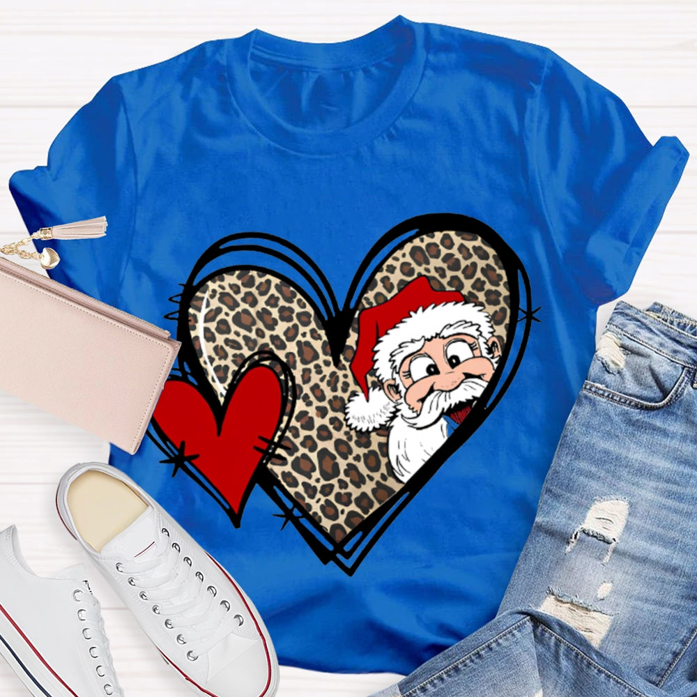 Santa Claus And Leopard Print Heart Christmas T-shirt