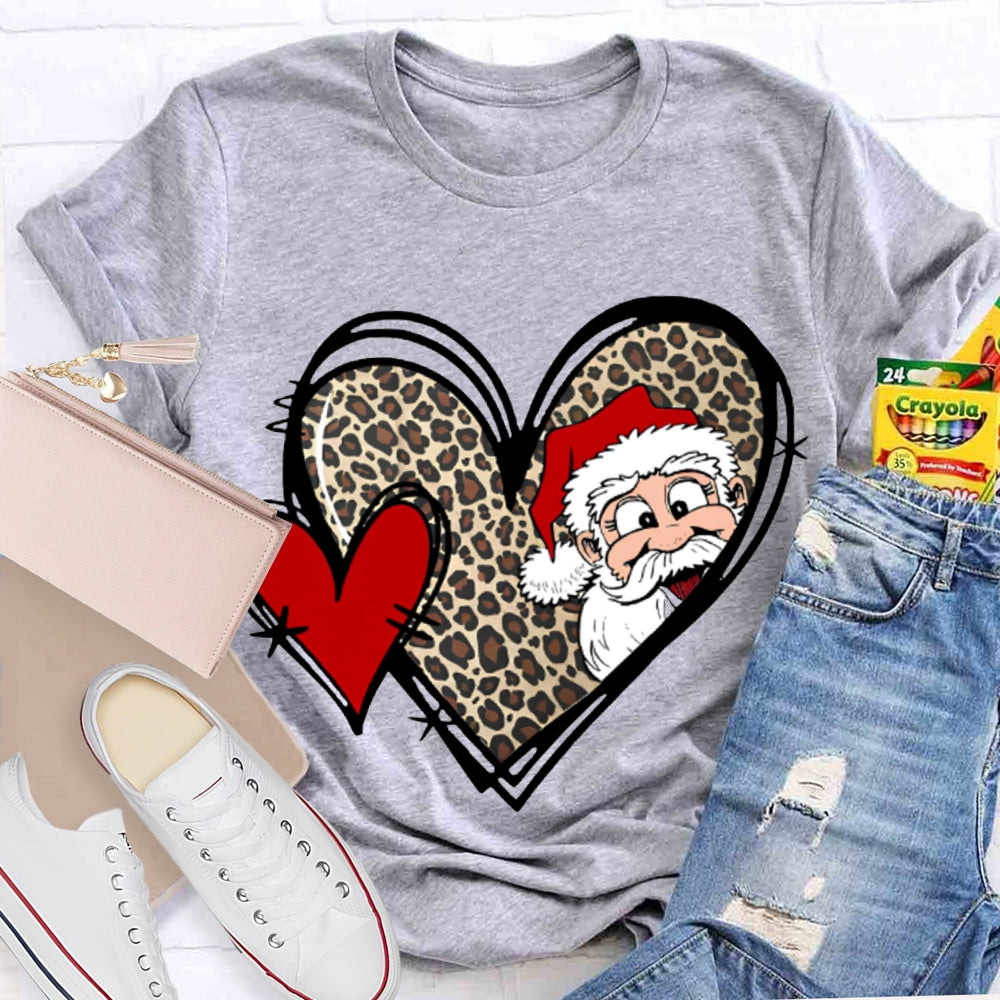 Santa Claus And Leopard Print Heart Christmas T-shirt