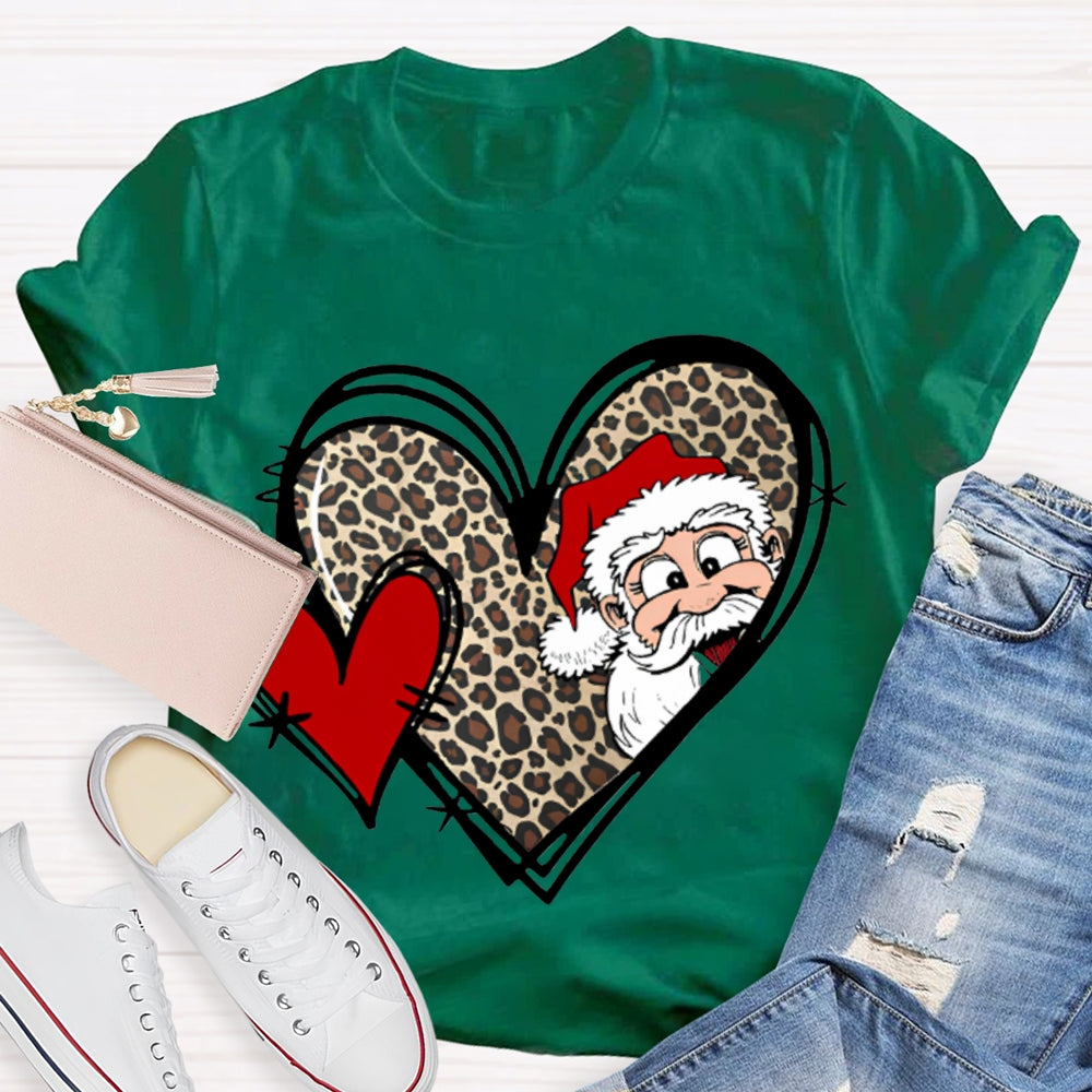 Santa Claus And Leopard Print Heart Christmas T-shirt
