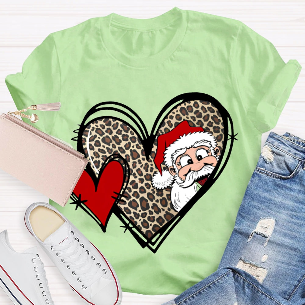Santa Claus And Leopard Print Heart Christmas T-shirt
