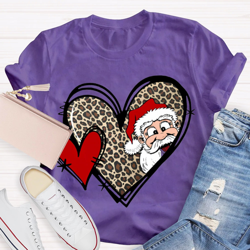 Santa Claus And Leopard Print Heart Christmas T-shirt