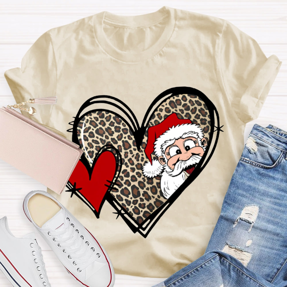 Santa Claus And Leopard Print Heart Christmas T-shirt