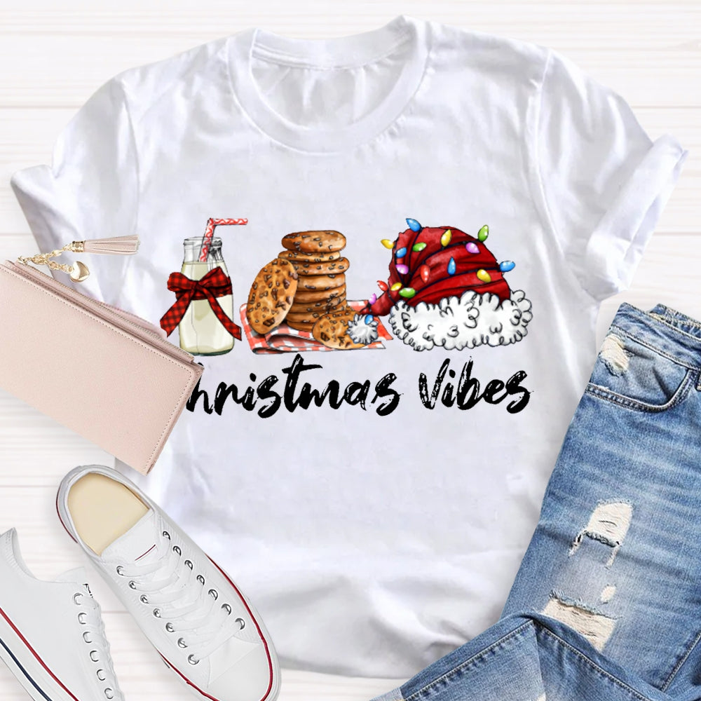 Christmas Vibes Santa Hat And Cookies With Milk T-shirt