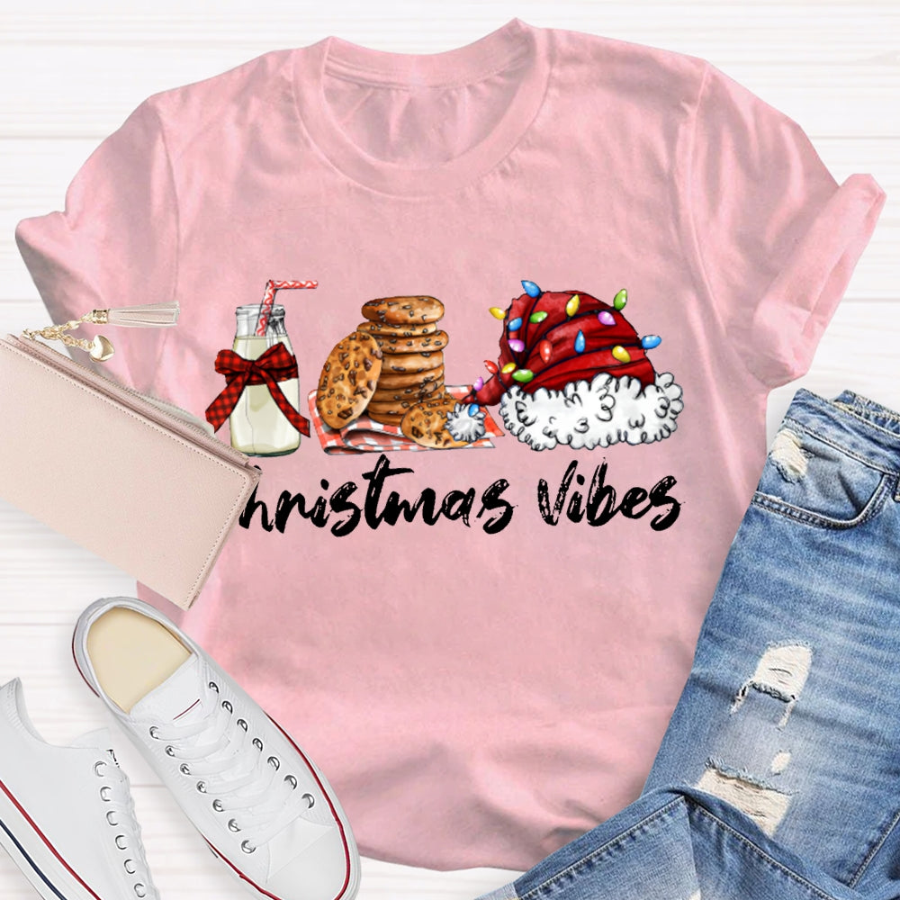 Christmas Vibes Santa Hat And Cookies With Milk T-shirt