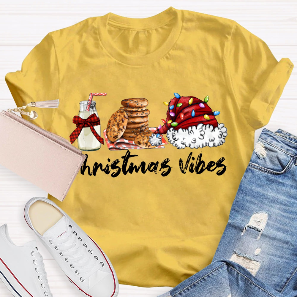 Christmas Vibes Santa Hat And Cookies With Milk T-shirt