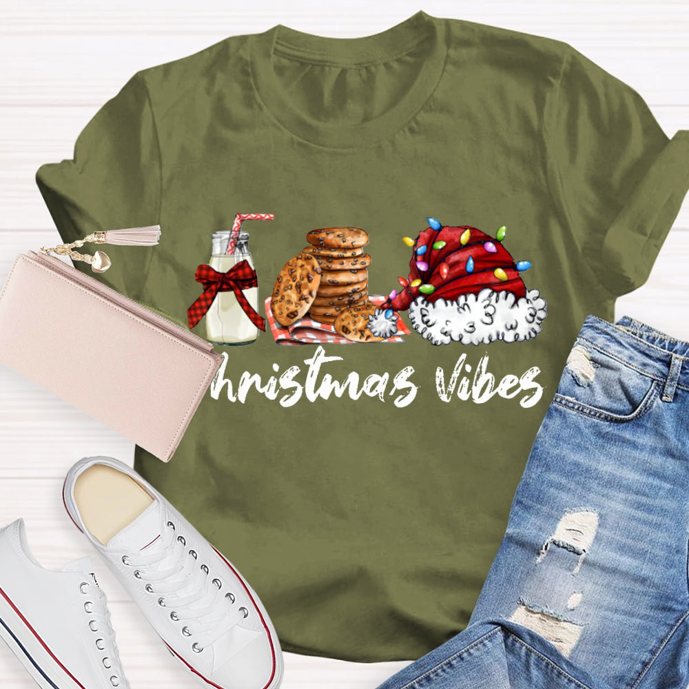 Christmas Vibes Santa Hat And Cookies With Milk T-shirt