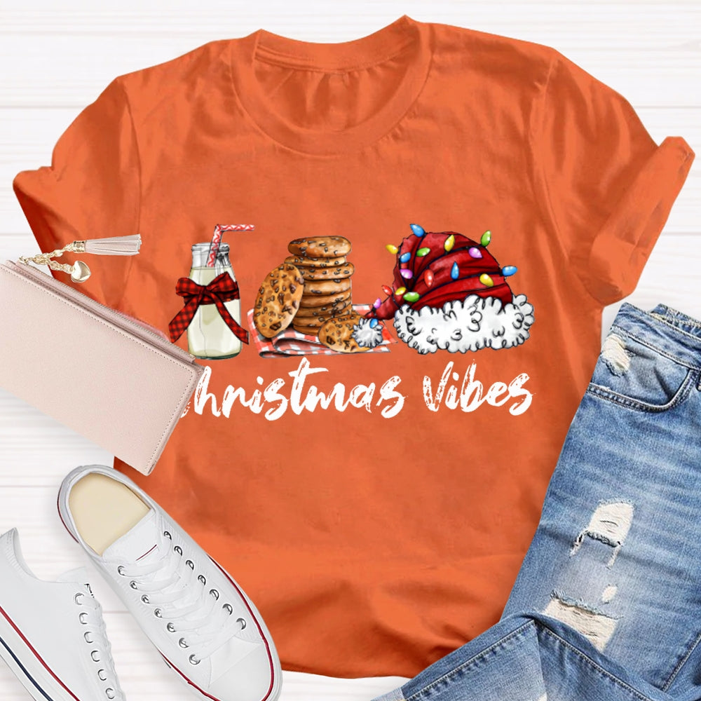 Christmas Vibes Santa Hat And Cookies With Milk T-shirt
