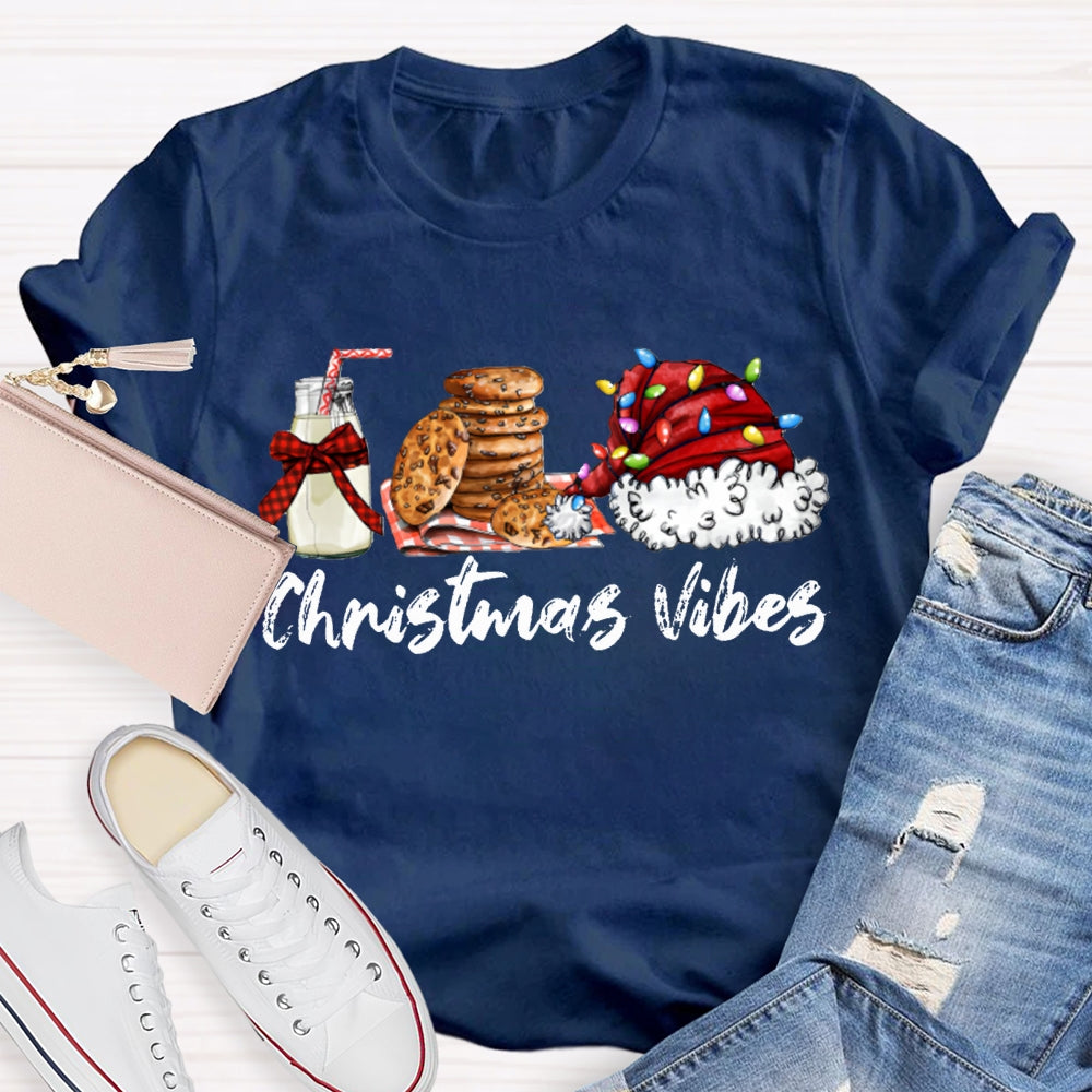 Christmas Vibes Santa Hat And Cookies With Milk T-shirt