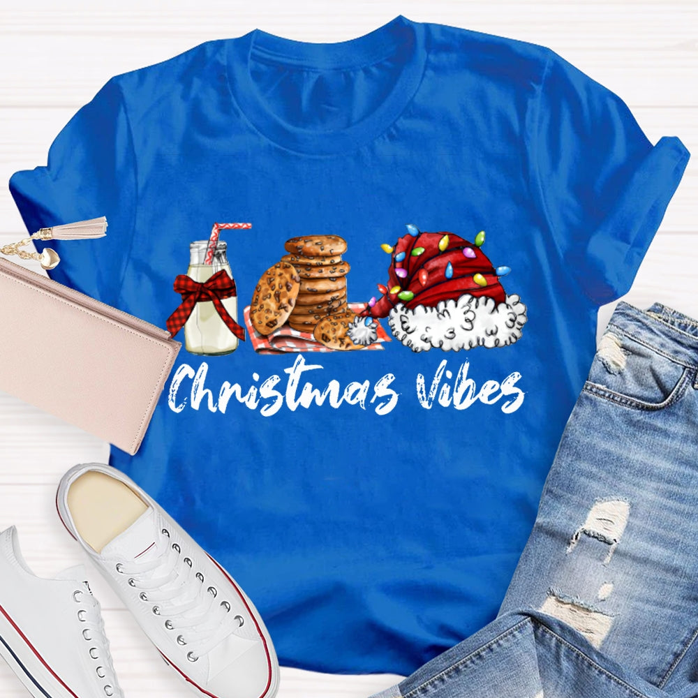 Christmas Vibes Santa Hat And Cookies With Milk T-shirt
