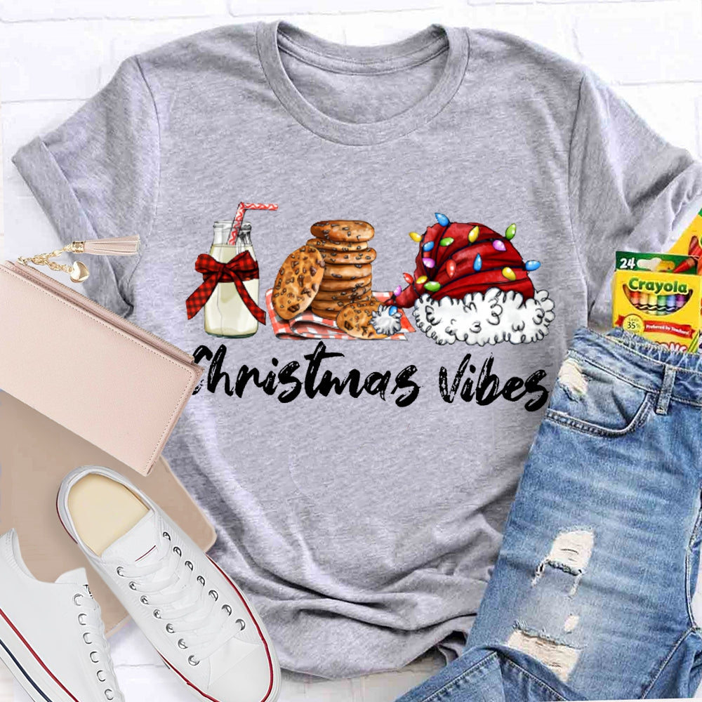 Christmas Vibes Santa Hat And Cookies With Milk T-shirt