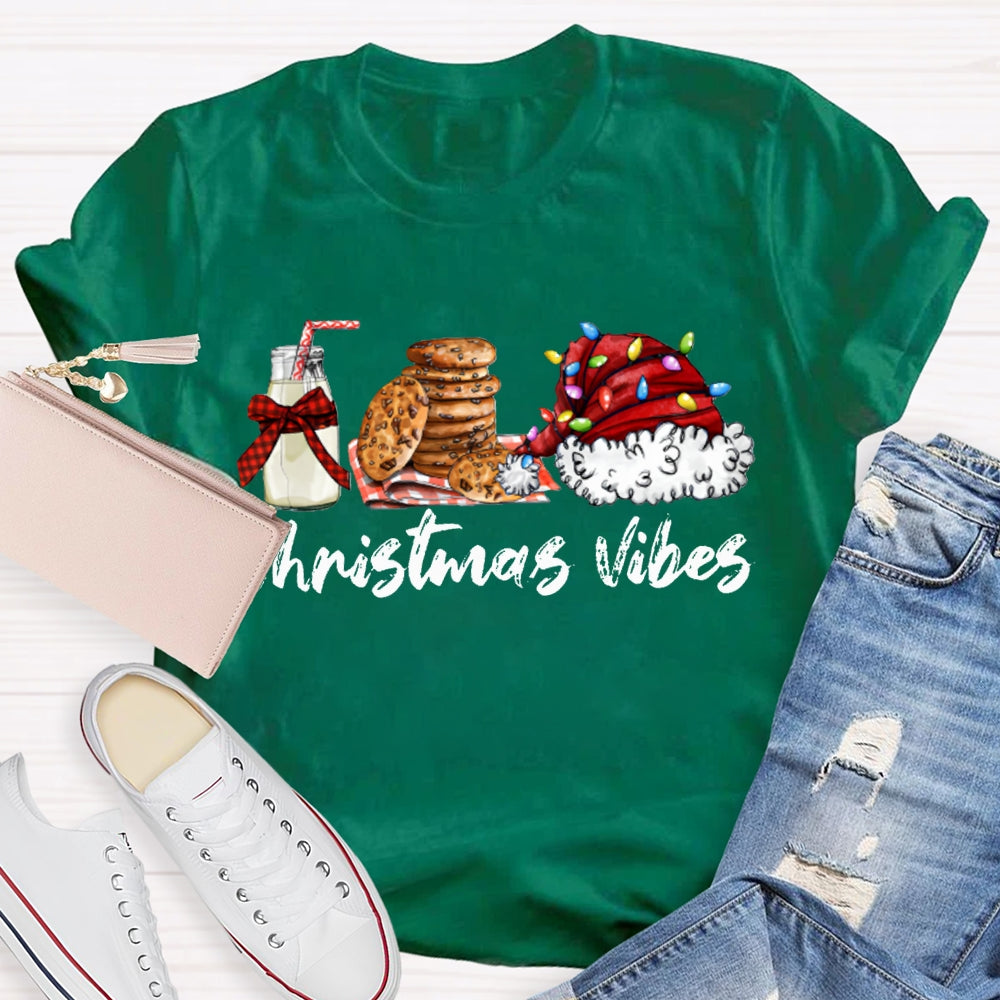 Christmas Vibes Santa Hat And Cookies With Milk T-shirt