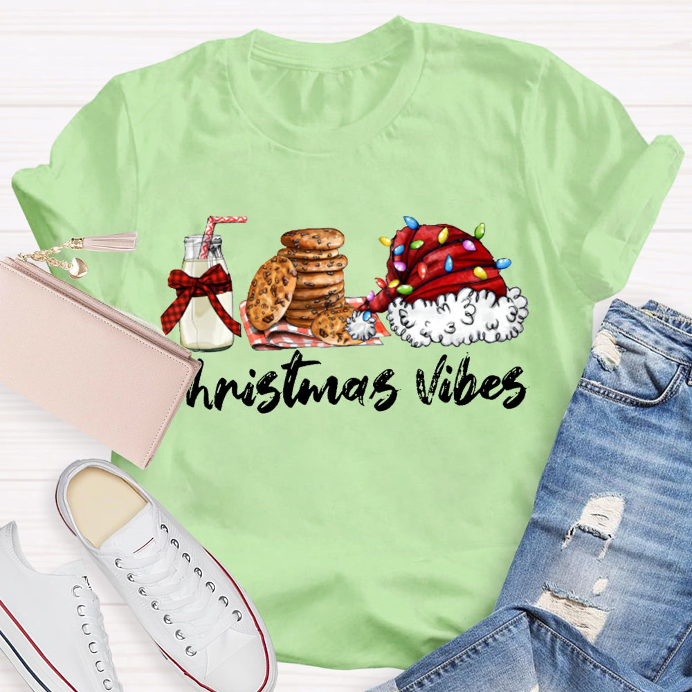 Christmas Vibes Santa Hat And Cookies With Milk T-shirt