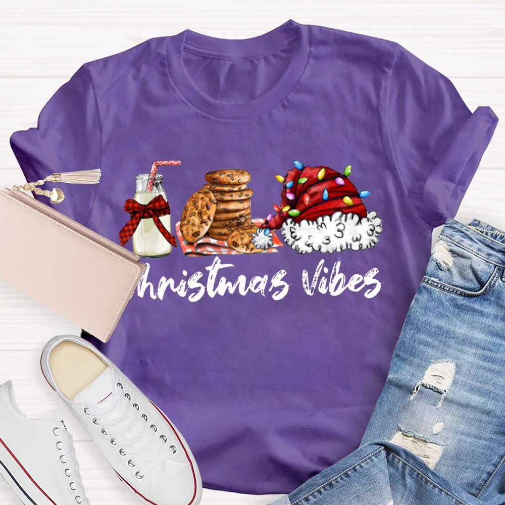 Christmas Vibes Santa Hat And Cookies With Milk T-shirt